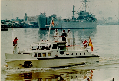 Republic of Vietnam President Nguyen Van Thieu reviews various ships of the South Vietnamese Navy on the Saigon River