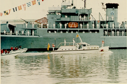 Republic of Vietnam President Nguyen Van Thieu reviews various ships of the South Vietnamese Navy on the Saigon River