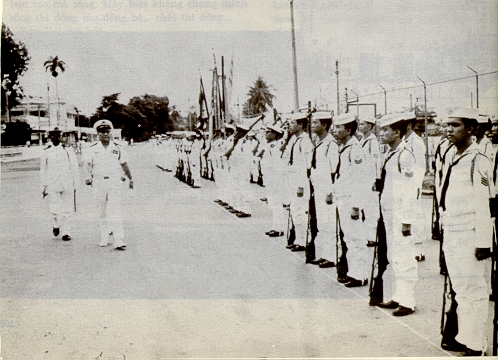 Rear Admiral Tran Van Chon, Chief of Naval Operations, reviews an honor guard on Navy Day 1974